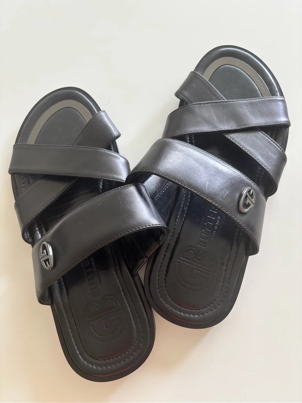 Men's Black Leather Cross-Strap Slide Sandals Gianfranco Butteri